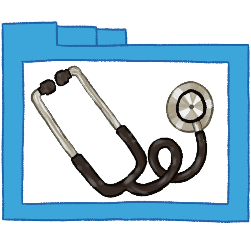  A drawing of a hollow blue folder with thin lines, containing a stethoscope. 